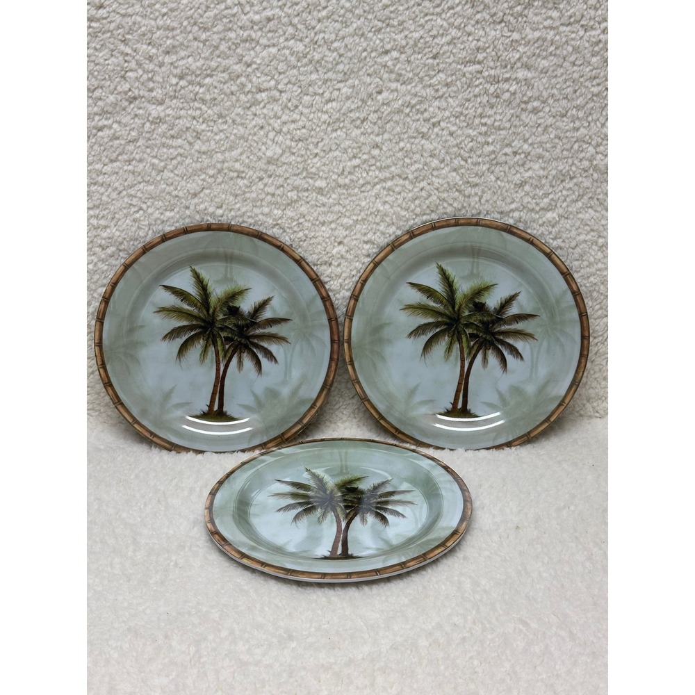 Melamine Salad and Dessert Plates Green Tropical Palm Tree Bamboo Rim Set of 3